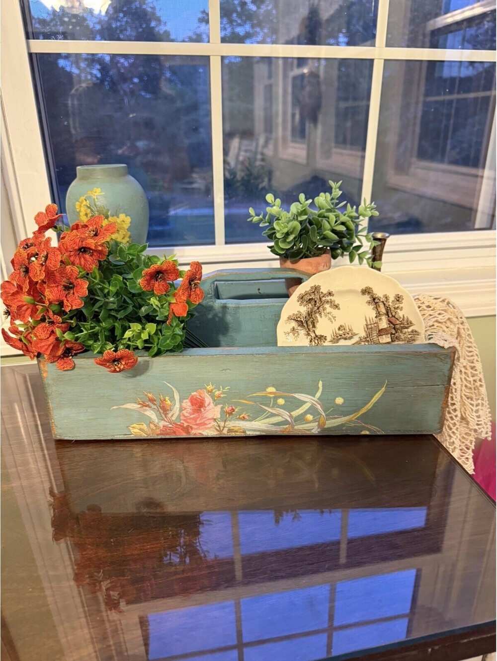 Vintage Wooden Farmhouse Caddy floral Blue Distressed, cottagecore